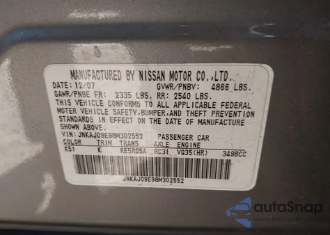 2008 Infiniti Ex35 Journey z USA, uszkodzony, nr VIN JNKAJ09E98M302552